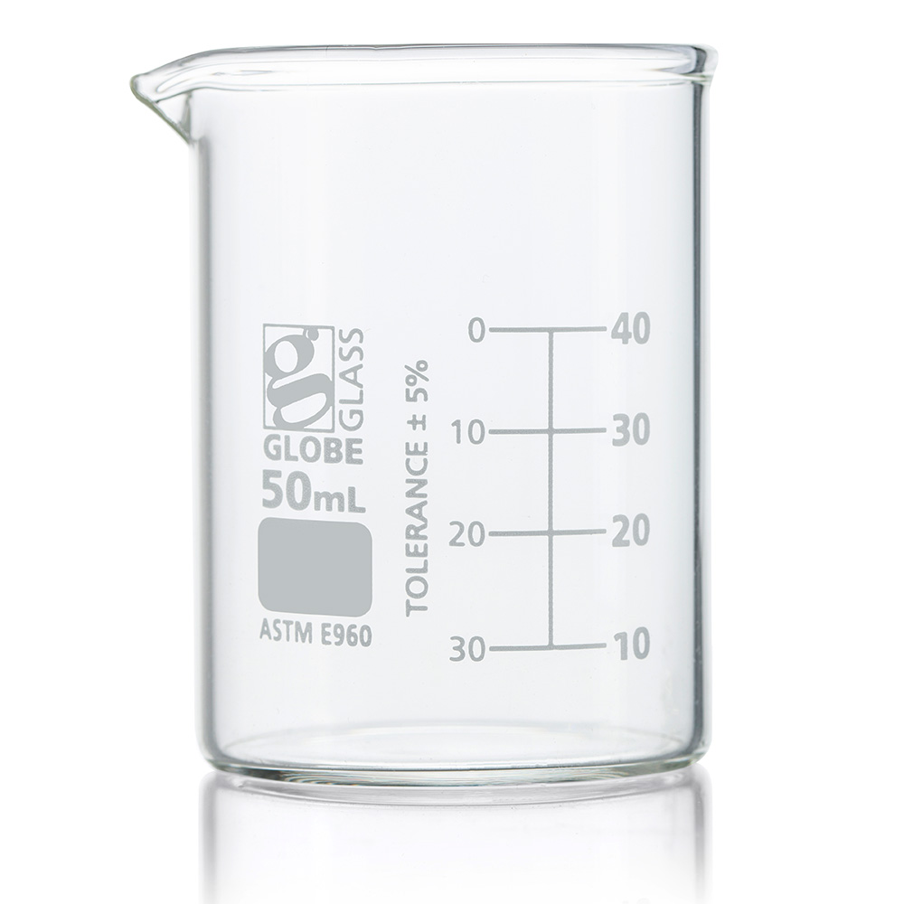 Globe Scientific Beaker, Globe Glass, 50mL, Low Form Griffin Style, Dual Graduations, ASTM E960, 12/Box beaker;beaker science;beaker glass;beaker chemistry;beaker lab;250 ml beaker;100 ml beaker;50 ml beaker